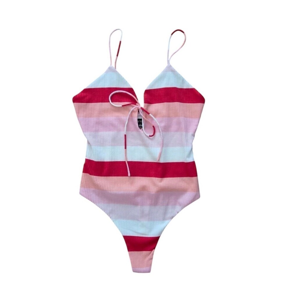 AFRM Mooni Red Pink Striped Ribbed V-Neck Bodysuit Small NWOT